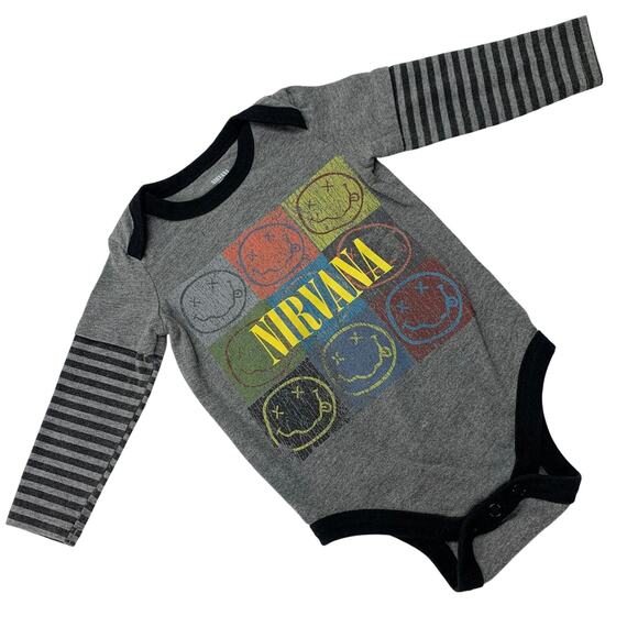 Nirvana Baby 12M Smiley Face All Over Print Long Striped Sleeve One Piece Romper - Picture 1 of 6